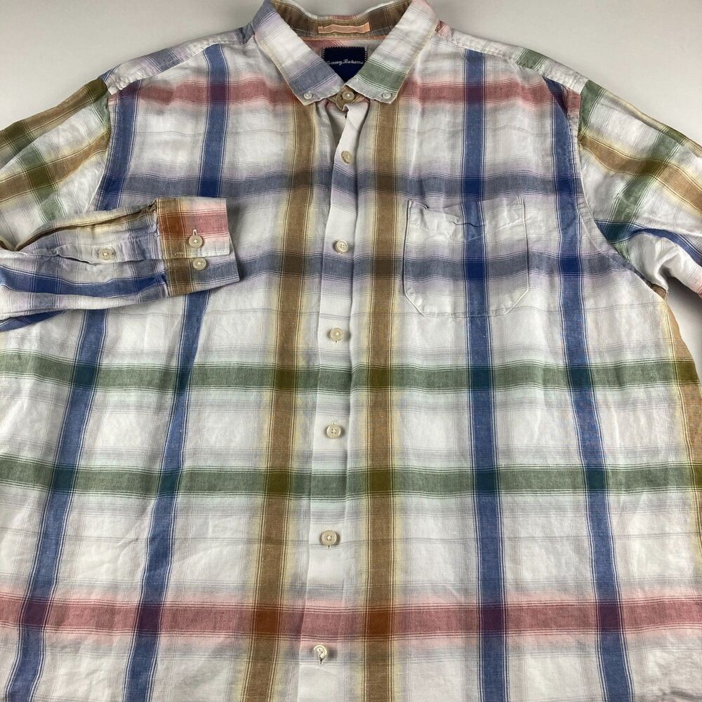 Tommy Bahama Shirt Mens 2XL Linen Cotton Plaid Long Sleeve Button Down Casual